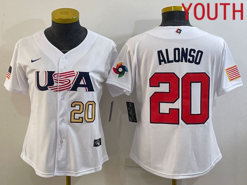 Youth 2023 World Cub USA 20 Alonso White MLB Jersey4